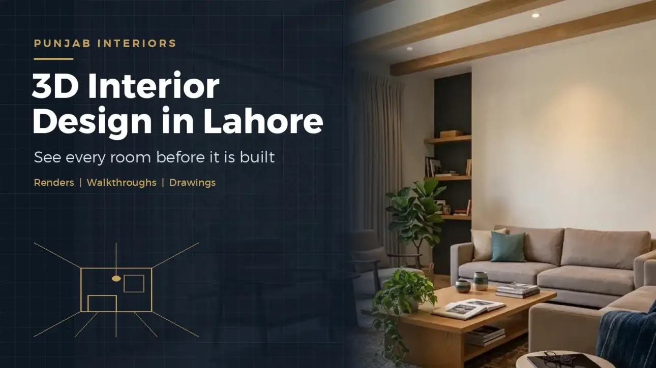 3D interior design in Lahore by Punjab Interiors, showing a wireframe room plan beside a finished living room